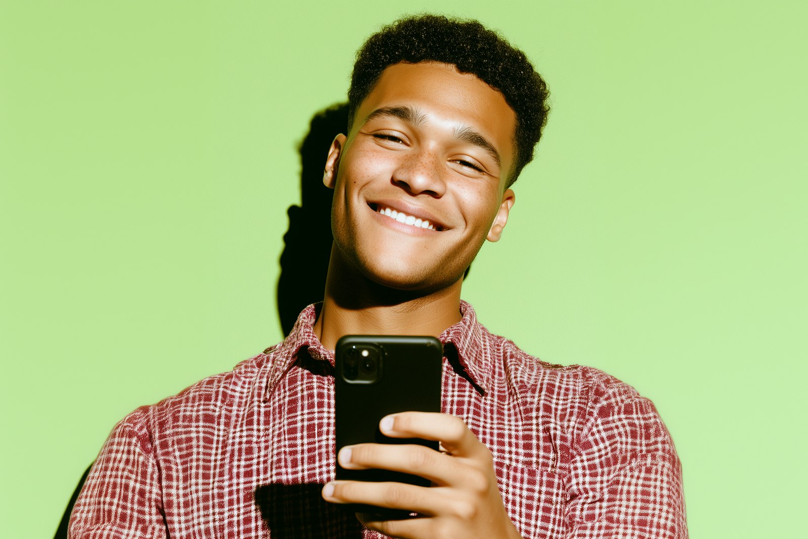 A smiling young man holding his phone