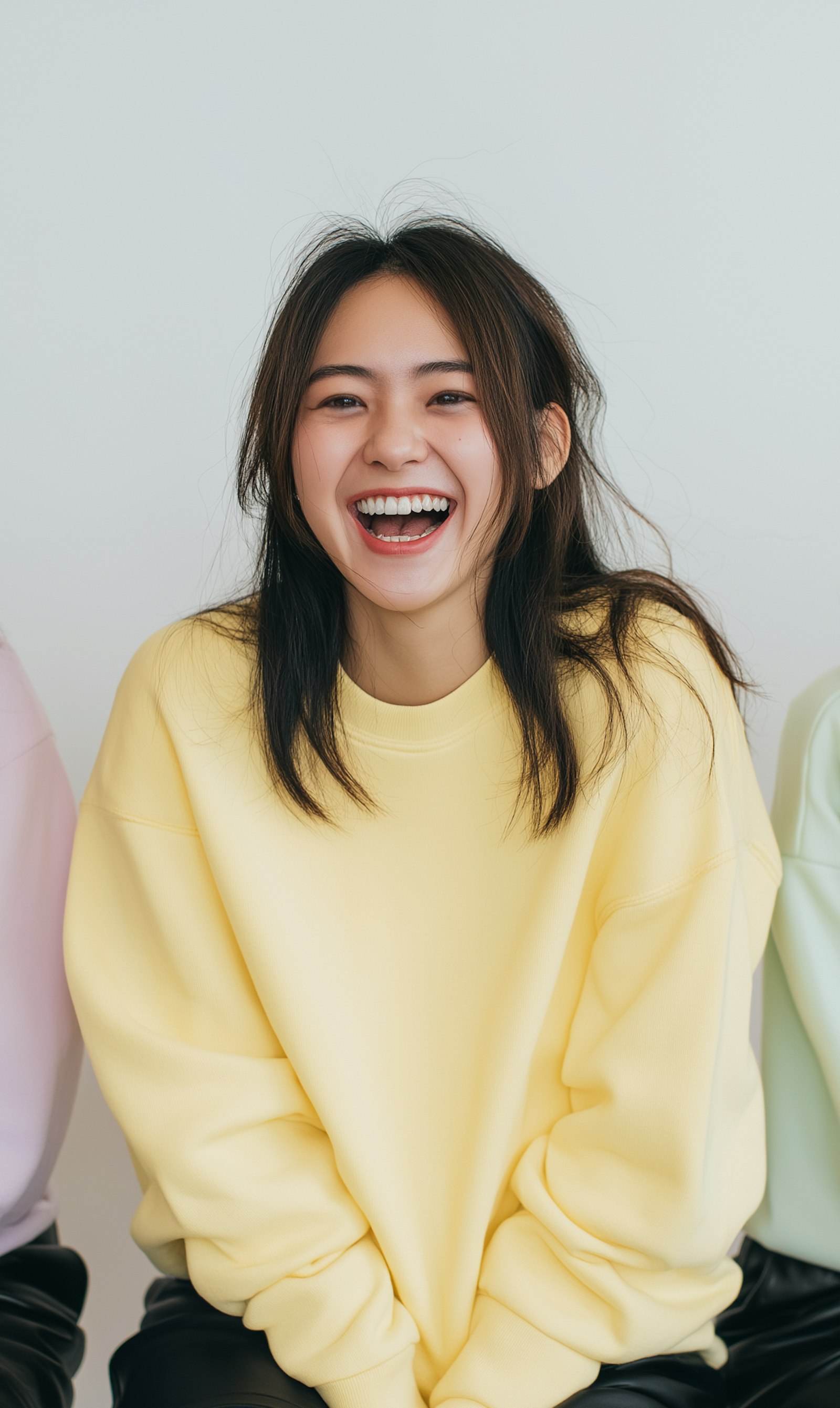 A smiling young woman in a pale yellow sweatshirt