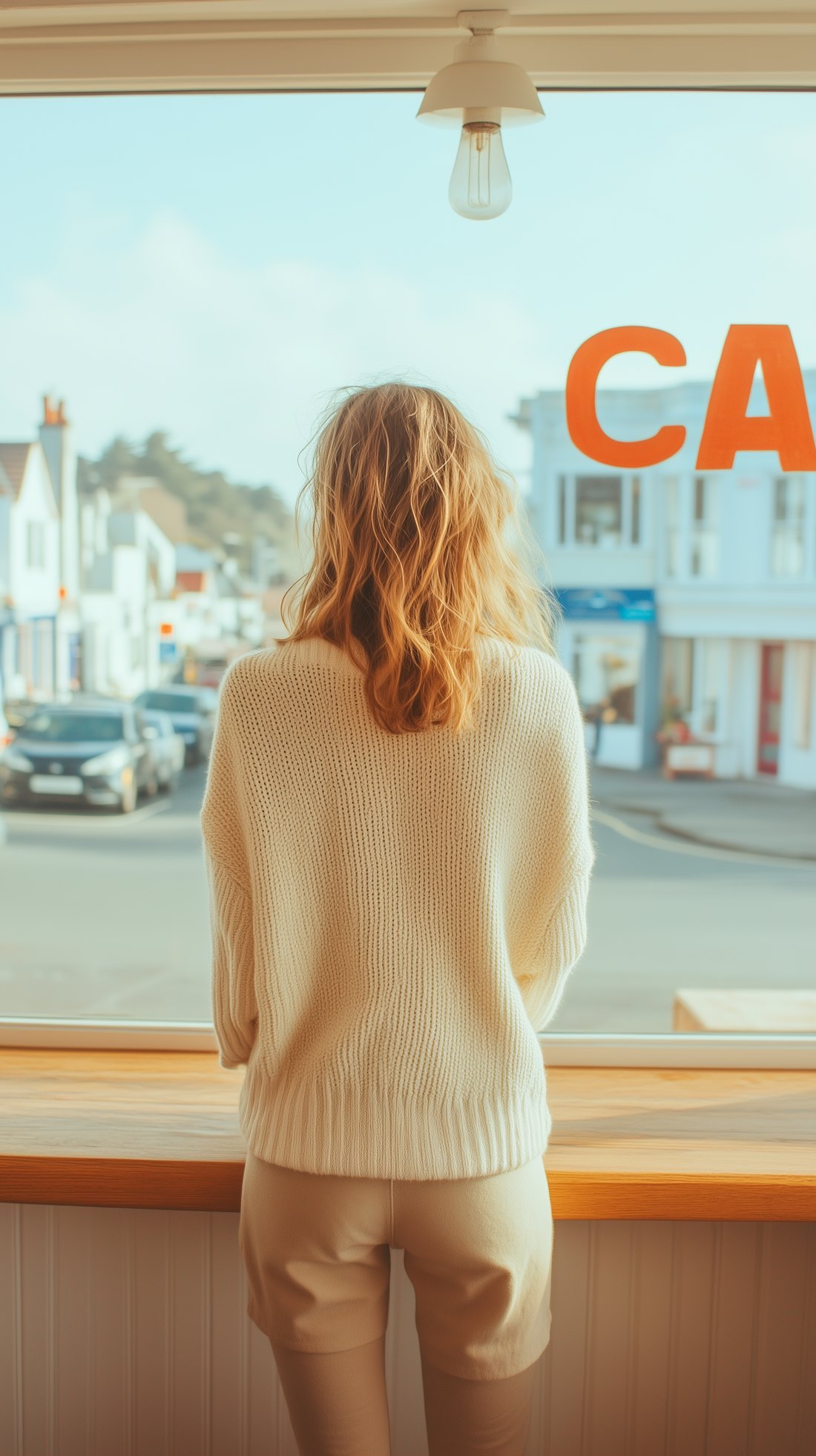 A woman looking out of a café window, lost in thought