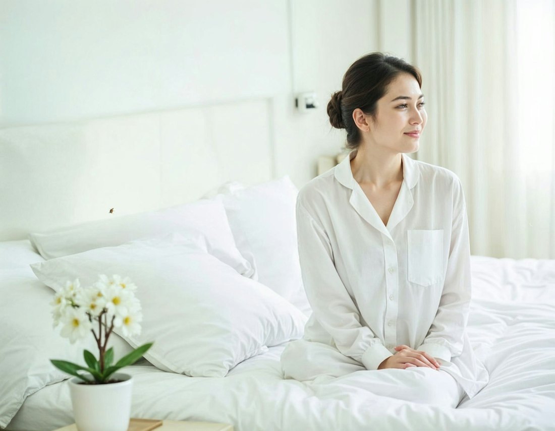 A woman sitting awake on her bed at night
